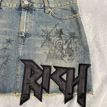 Richmond embellished mini denim skirt with script graphic (S)