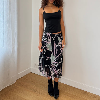 Vintage Italian black floral mesh midi skirt with abstract floral print (XS/S)
