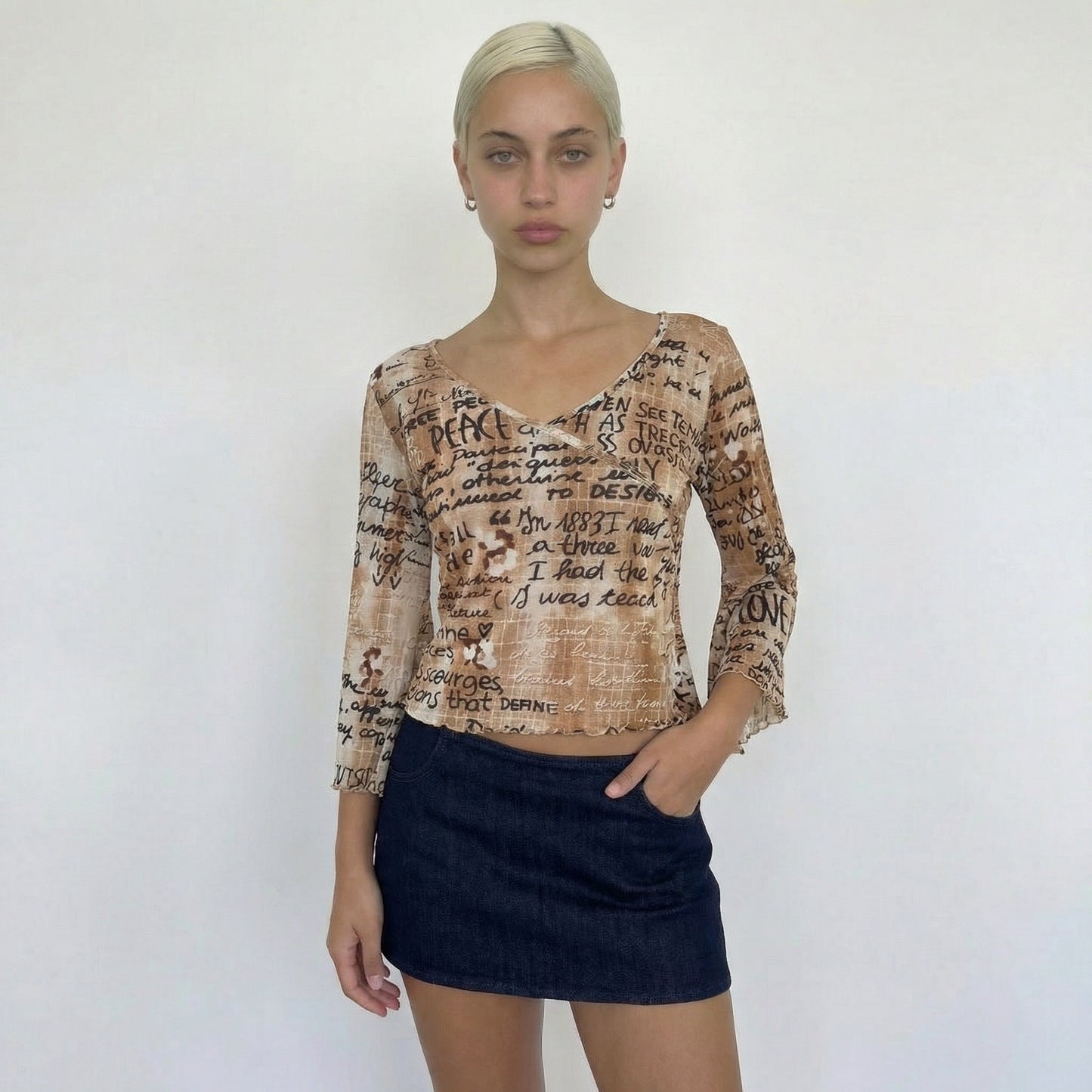 Vintage French Beige Script Print Mesh Top (S/M)