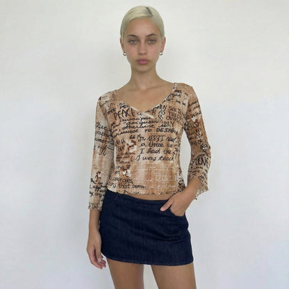 Vintage French Beige Script Print Mesh Top (S/M)