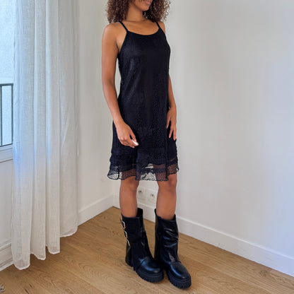 Vintage European Black Lace Slip Dress with Scalloped Hem (S/M)