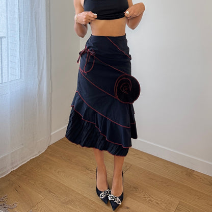 Vintage French Black Midi Skirt Red Contrast Stitch Asymmetrical Hem (XS)