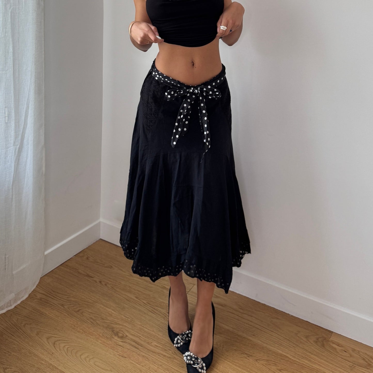 Vintage Black Cotton Eyelet Midi Skirt Polka Dot Bow Y2K French (S)