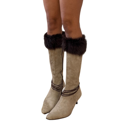 Vintage Italian Suede Knee High Boots Fur Trim Handmade (EU 38 / US 8)
