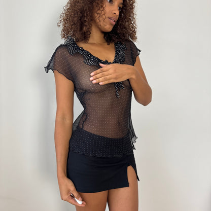 Vintage Italian black silk sheer ruffle mesh top (S/M)