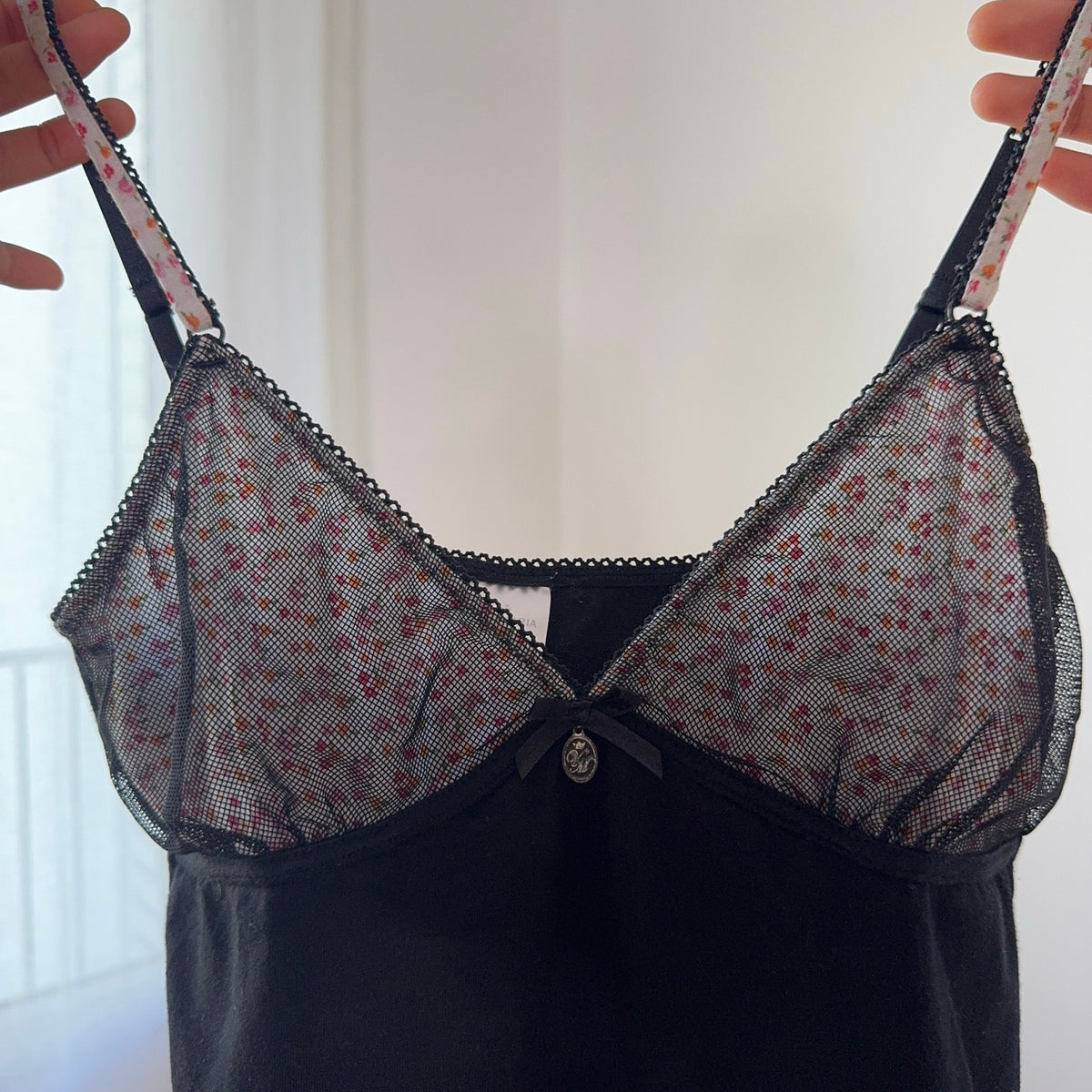 Vintage Vive Maria Black Floral Mesh Cami Top (S)