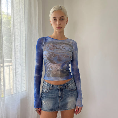 Vintage Blue Renaissance Mesh Long Sleeve Top Italian Y2K (S)