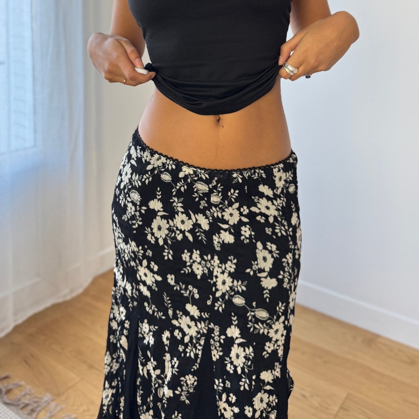 Italian Vintage Black Floral Mesh Midi Skirt Sheer Ruffle Hem (S)