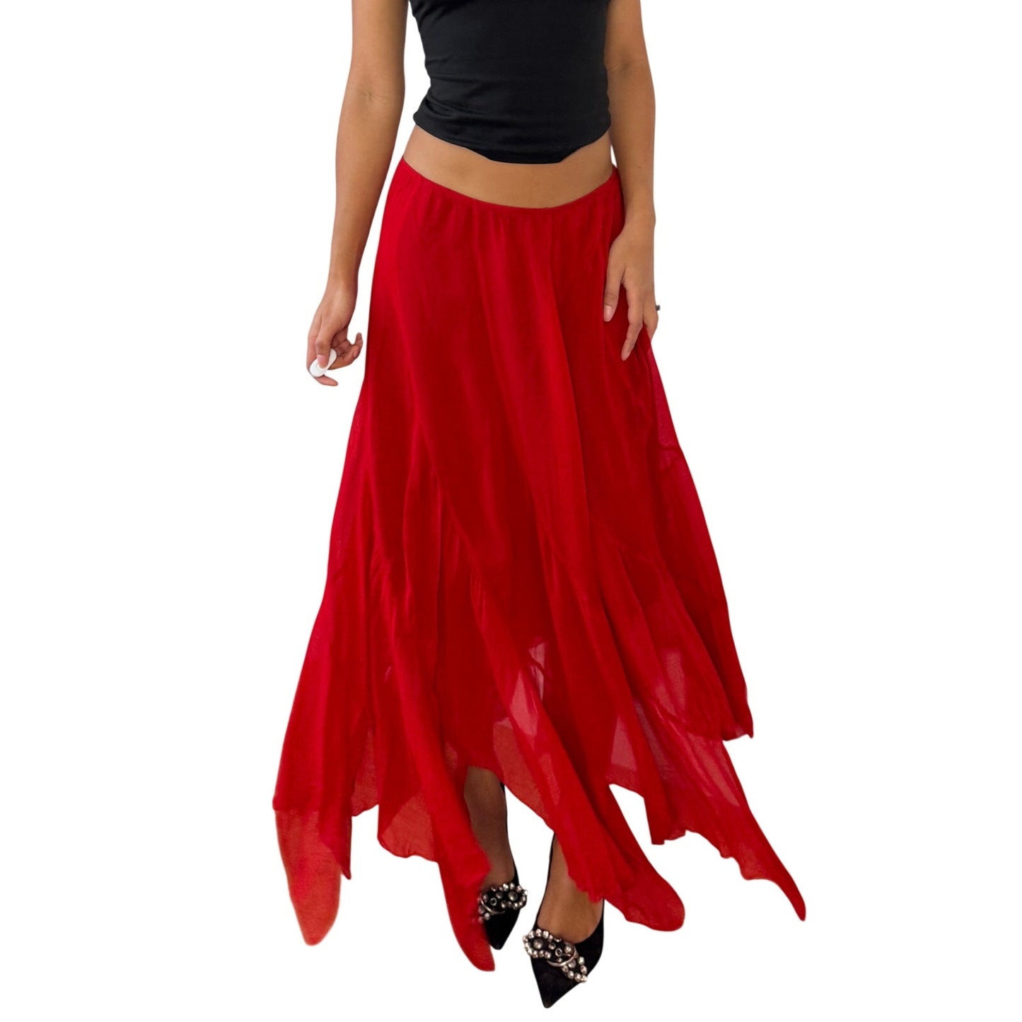 Vintage Red Mesh Asymmetrical Maxi Skirt Flowing Sheer (S)