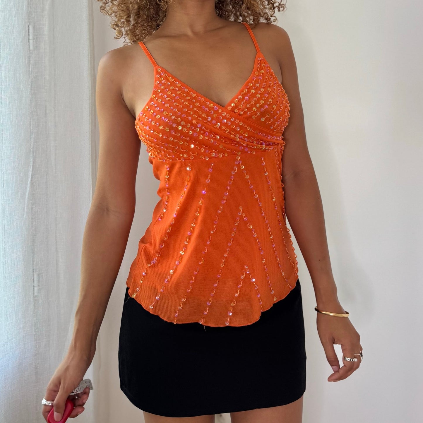 Vintage Orange Iridescent Sequin Layered Mesh Cami Top Italian Y2K (S)