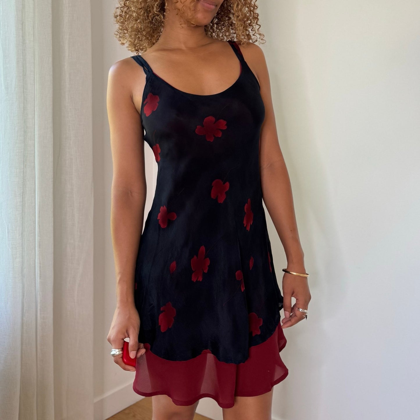 Vintage Black Burgundy Red Floral Layered Mesh Mini Dress Italian Y2K (S)