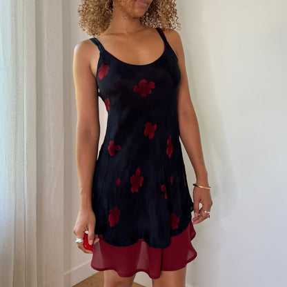 Vintage Black Burgundy Red Floral Layered Mesh Mini Dress Italian Y2K (S)
