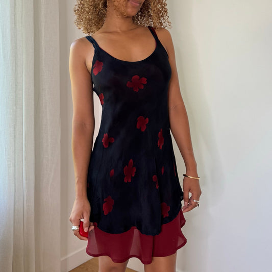 Vintage Black Burgundy Red Floral Layered Mesh Mini Dress Italian Y2K (S)