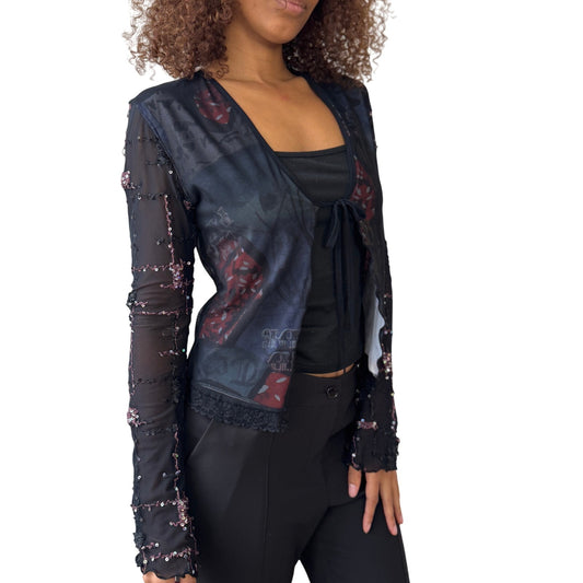 Italian Vintage Mesh Tie-Front Embellished Cardigan (Small)