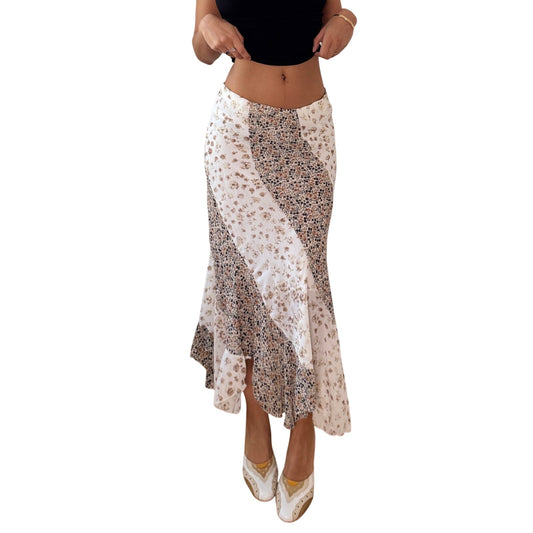 Vintage Euro Patchwork Floral Mesh Midi Skirt Asymmetrical Ruffle Hem (S)
