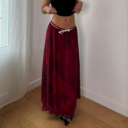Vintage Burgundy Floral Mesh Maxi Skirt Sheer Layer Italian Y2K (S)