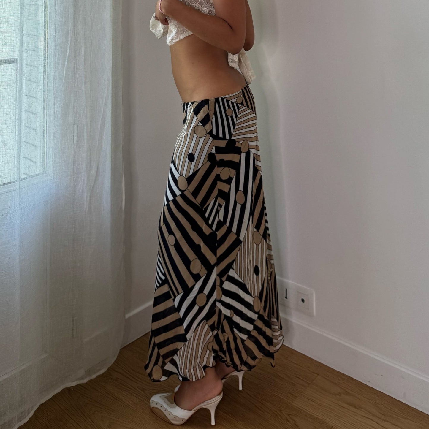 Vintage Black Beige Abstract Mesh Maxi Skirt Italian Y2K (S/M)