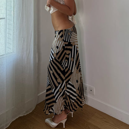 Vintage Black Beige Abstract Mesh Maxi Skirt Italian Y2K (S/M)