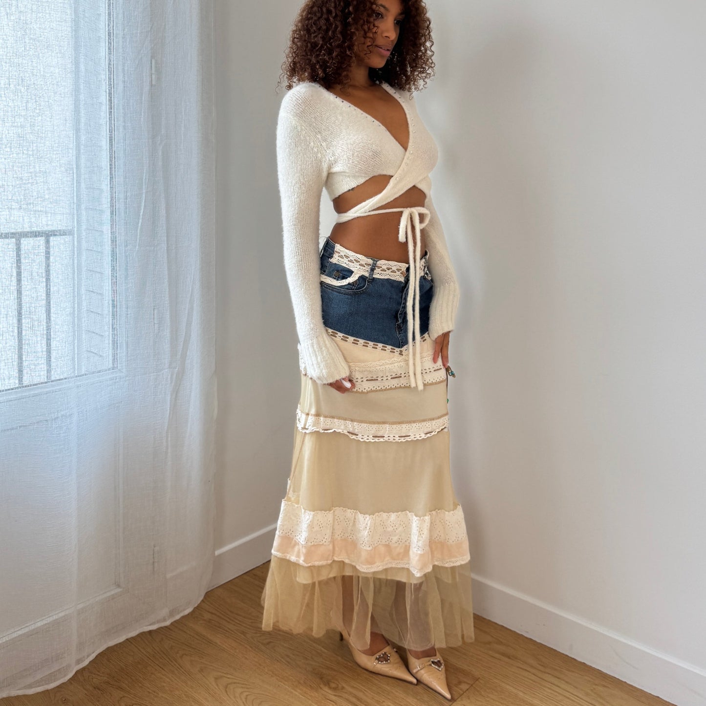 Vintage French denim and lace patchwork low-rise maxi skirt (Small)