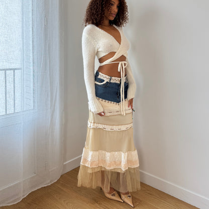 Vintage French denim and lace patchwork low-rise maxi skirt (Small)