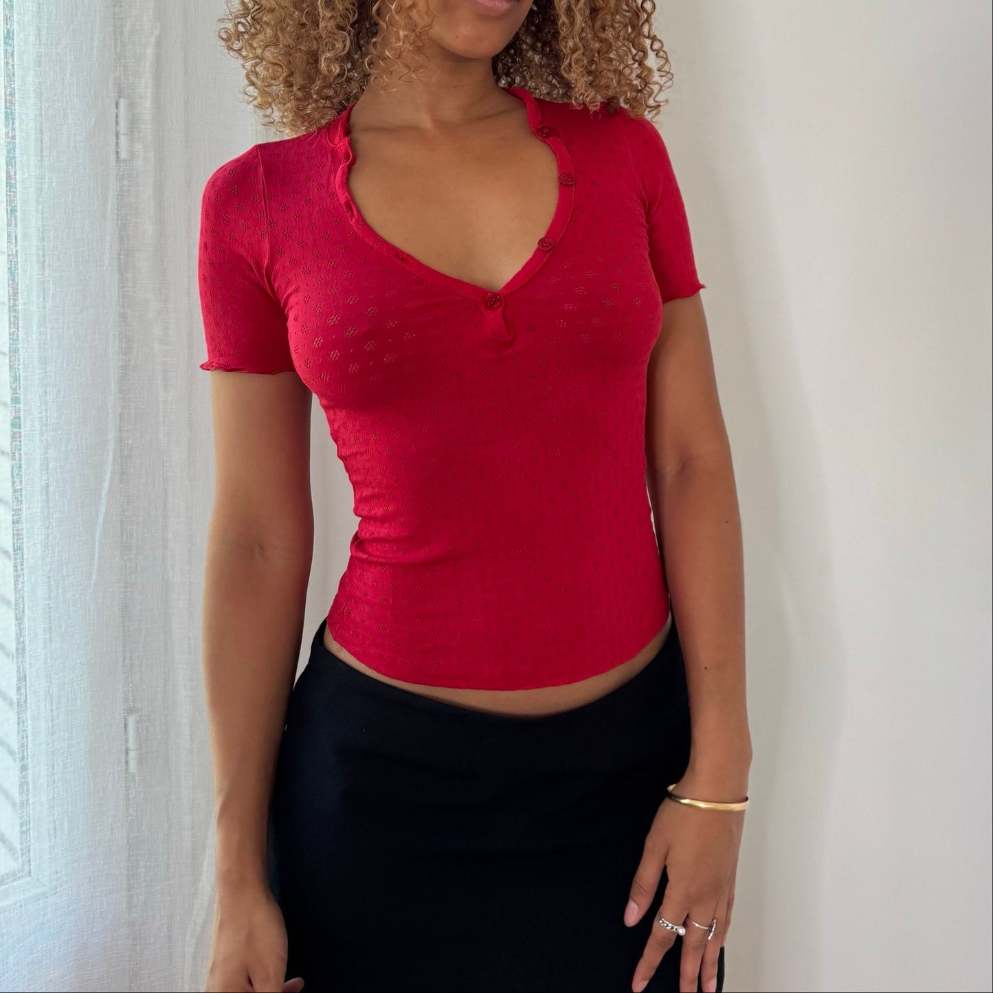 Vintage Raspberry Keyhole Pointelle Baby Tee Italian Y2K (S)