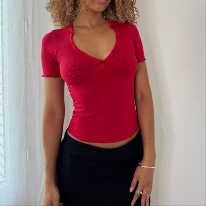 Vintage Raspberry Keyhole Pointelle Baby Tee Italian Y2K (S)