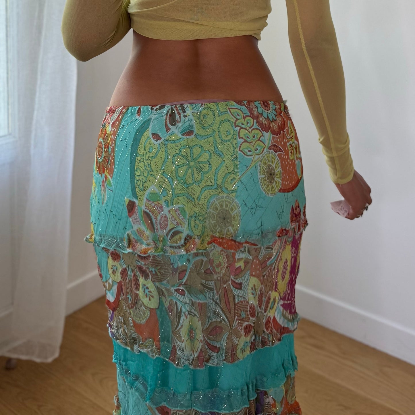 Vintage Turquoise Floral Mesh Tiered Maxi Skirt Dehry Y2K (S/M)