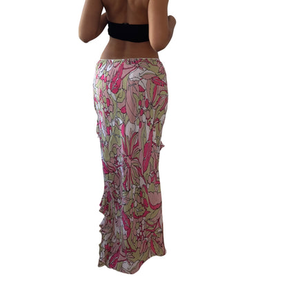 Vintage Pink Floral Mesh Ruffle Tiered Midi Skirt Euro Viscose (S)