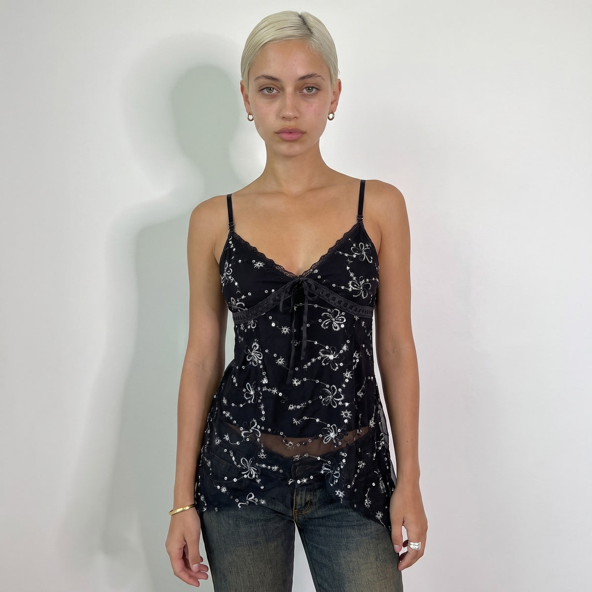 Vintage Black Embroidered Sequin Sheer Cami Top Italian Y2K (S)