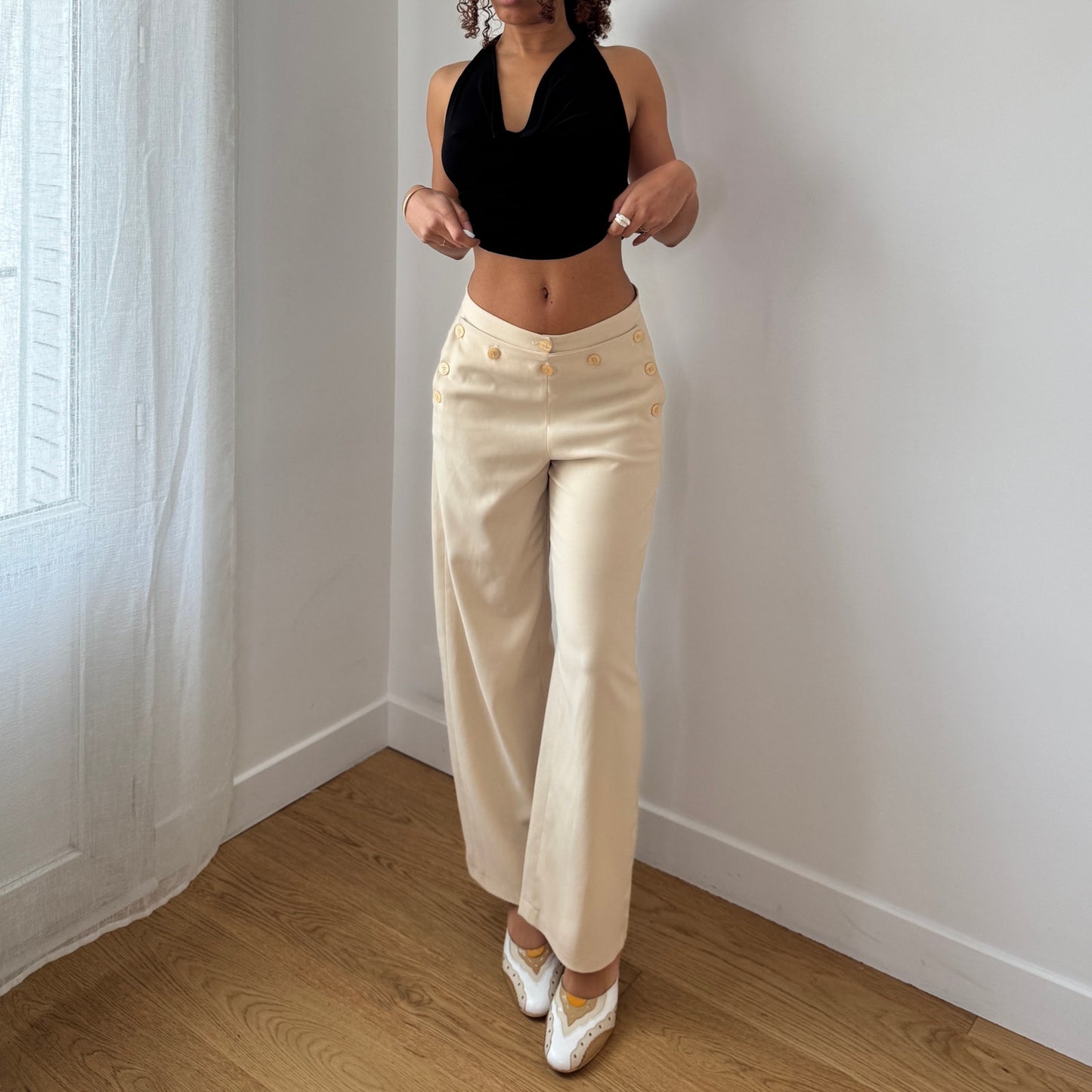 Vintage Cream Straight Leg Trousers Button Detail Y2K French (S)