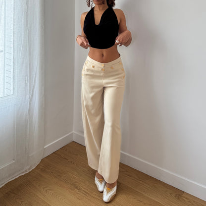 Vintage Cream Straight Leg Trousers Button Detail Y2K French (S)