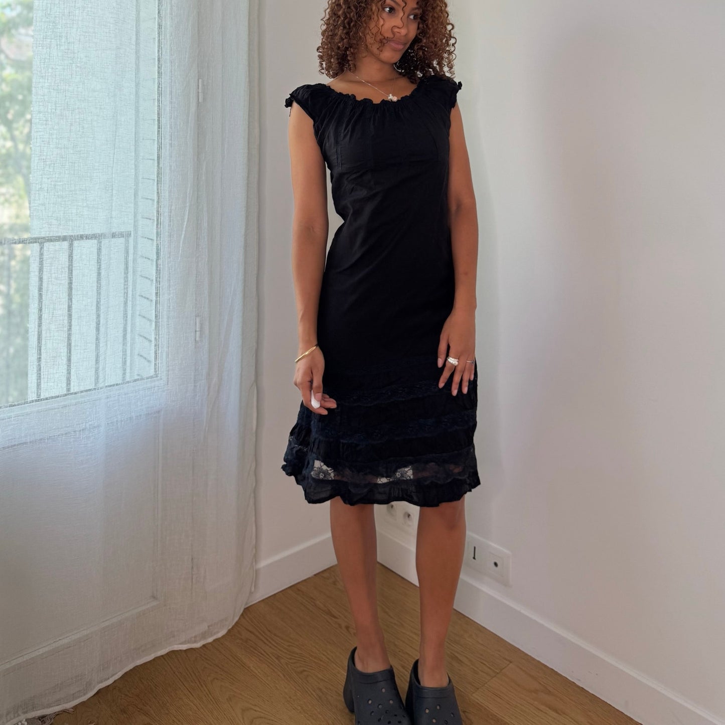 Vintage Black Cotton Midi Dress Ruffle Hem Peasant Y2K (S/M)