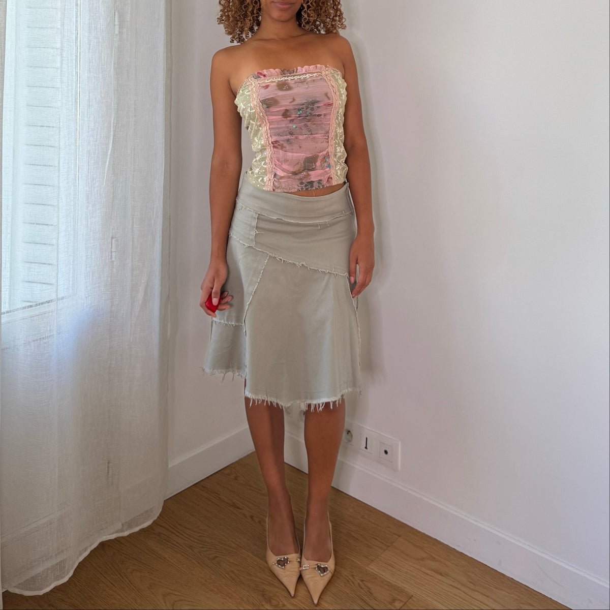 Parisian Vintage Pale Seafoam Green Sage Asymmetric Layered Raw Hem Low Rise Midi Skirt