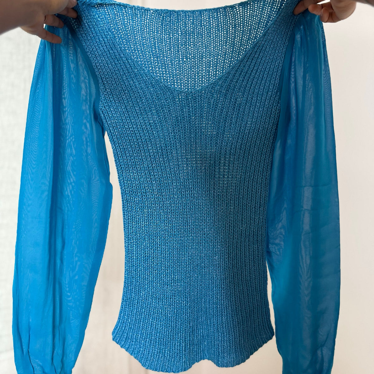 Euro Vintage Bright Turquoise Blue Sheer Mesh Sleeve Textured Knit Fitted Long Sleeve Top