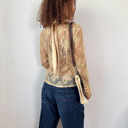 Vintage Beige Sheer Lace Mesh Button Up Blouse Euro Sourced (S) ⠀