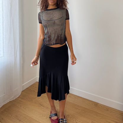 Vintage Euro black asymmetric ruffle-hem stretch midi skirt (Small)