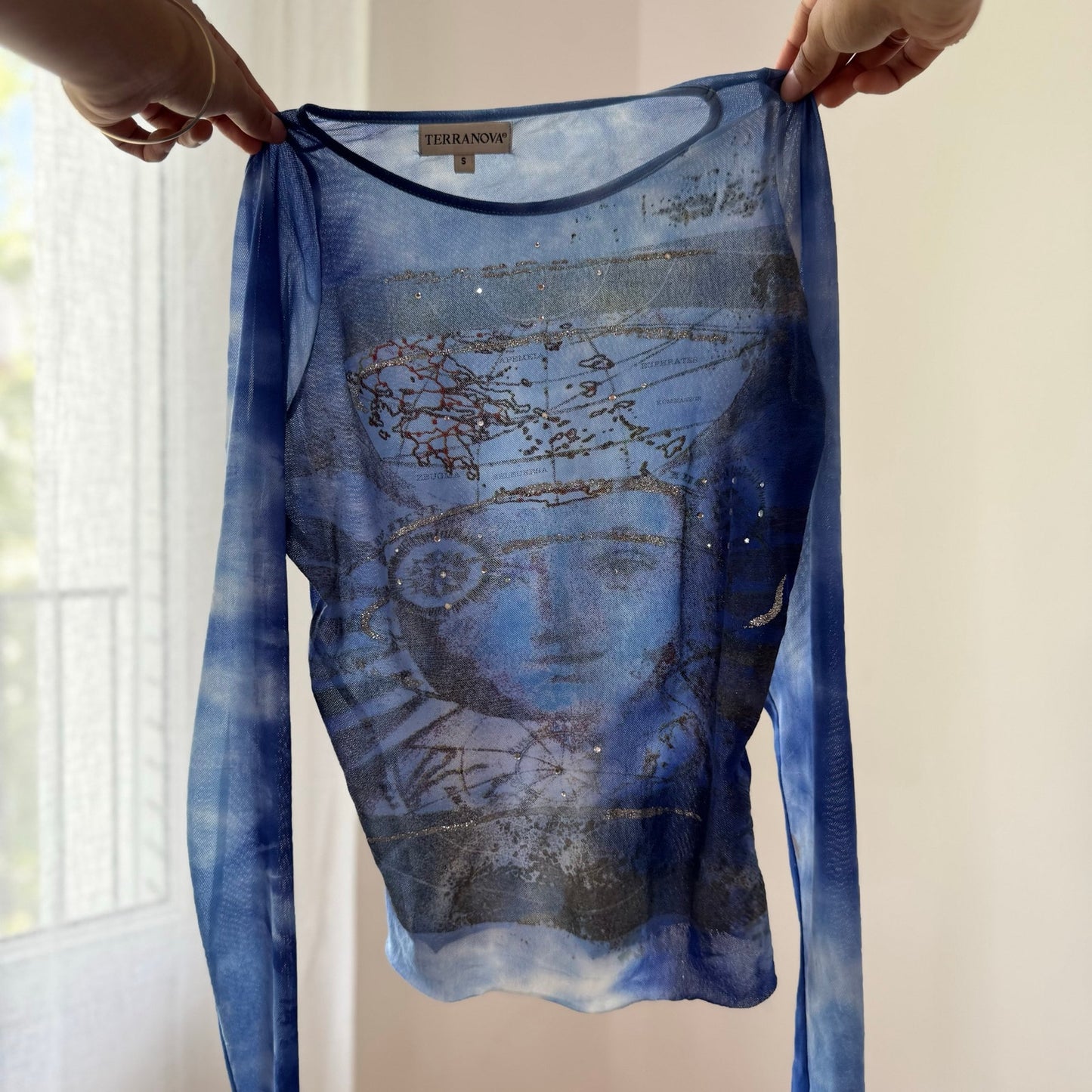 Vintage Blue Renaissance Mesh Long Sleeve Top Italian Y2K (S)