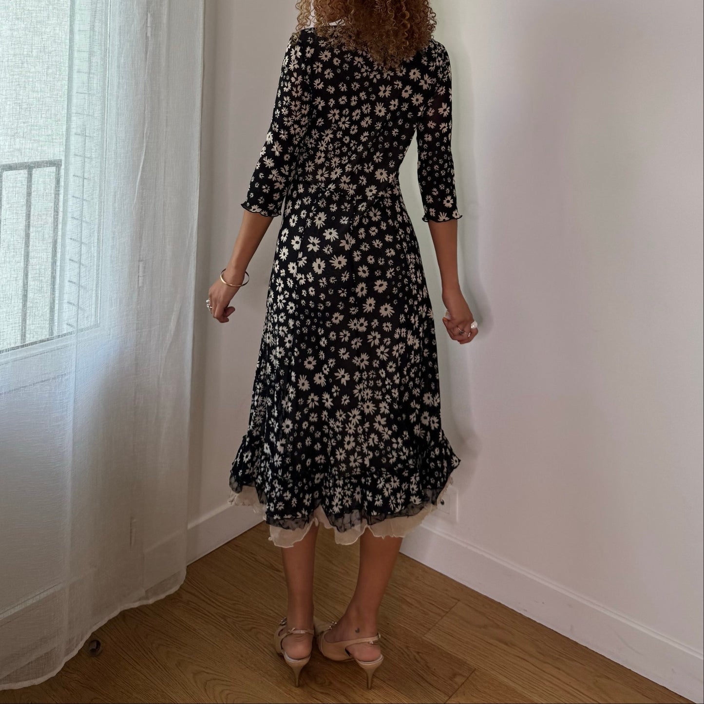 Vintage Black Cream Floral 100% Silk Lace Midi Dress Italian Y2K (M/L)