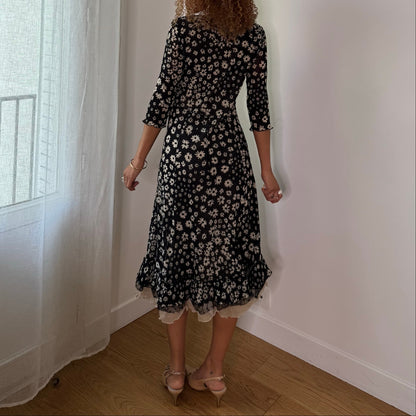 Vintage Black Cream Floral 100% Silk Lace Midi Dress Italian Y2K (M/L)