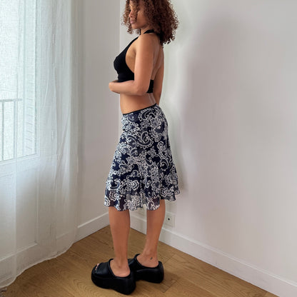 Vintage Navy Paisley Mesh Midi Skirt Y2K Ruffle Hem Skirt (XS/S) ⠀
