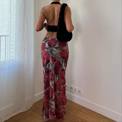 Vintage Red Rose Mesh Maxi Skirt Italy Y2K (S)