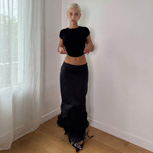 Vintage Black Ruched Maxi Skirt Lace Trim French Y2K (S)