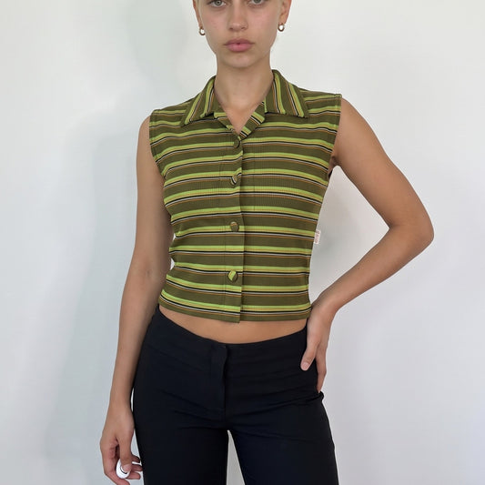 Vintage Green Stripe Sleeveless Cropped Shirt 90s Italian (S)