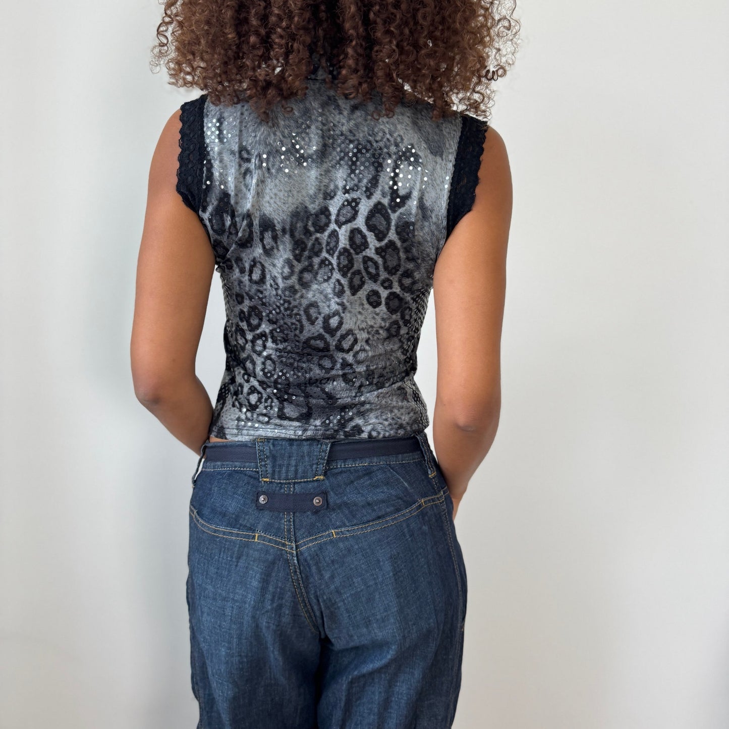 French Vintage Slinky Leopard Shimmer Mock-Neck Top (S/M)