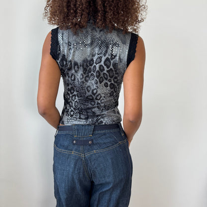 French Vintage Slinky Leopard Shimmer Mock-Neck Top (S/M)