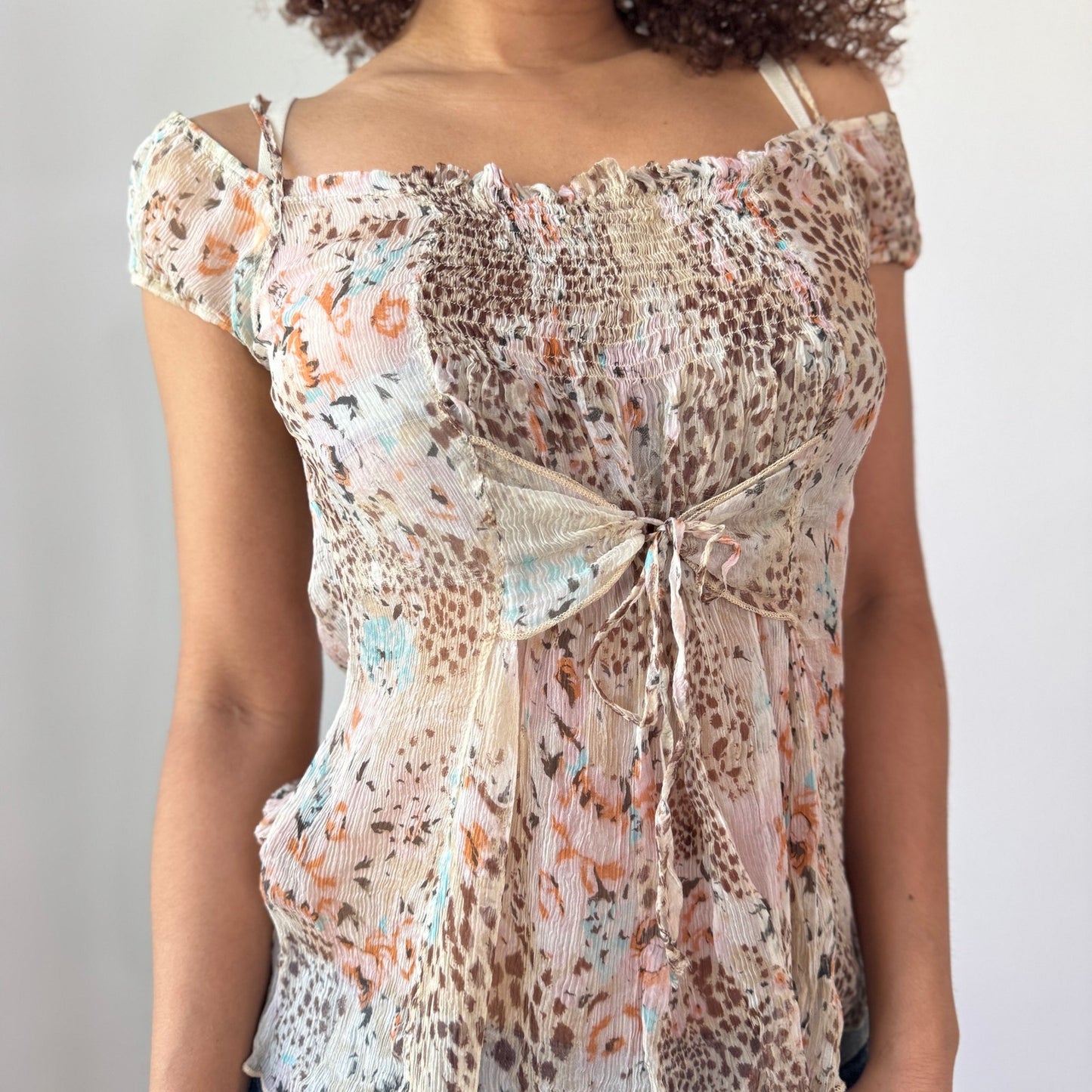 Vintage Fairy Grunge Silk Mesh Top Floral Leopard Italian Y2K (M)