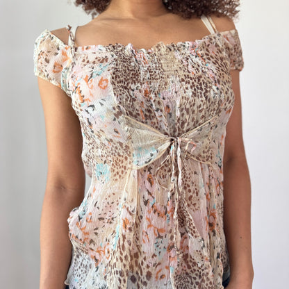 Vintage Fairy Grunge Silk Mesh Top Floral Leopard Italian Y2K (M)