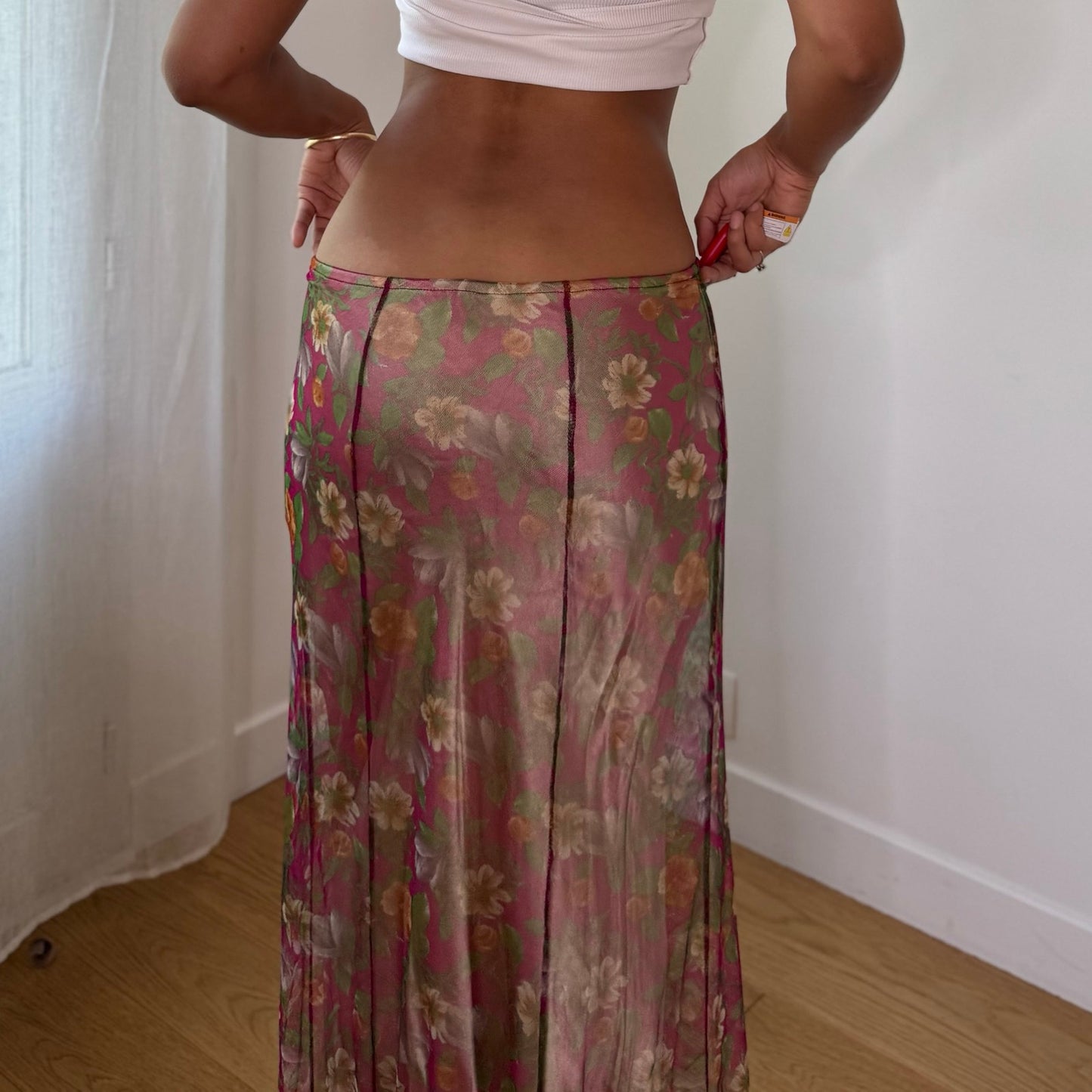 Vintage Pink Green Floral Silk Mesh Maxi Skirt Italian Y2K (S/M)
