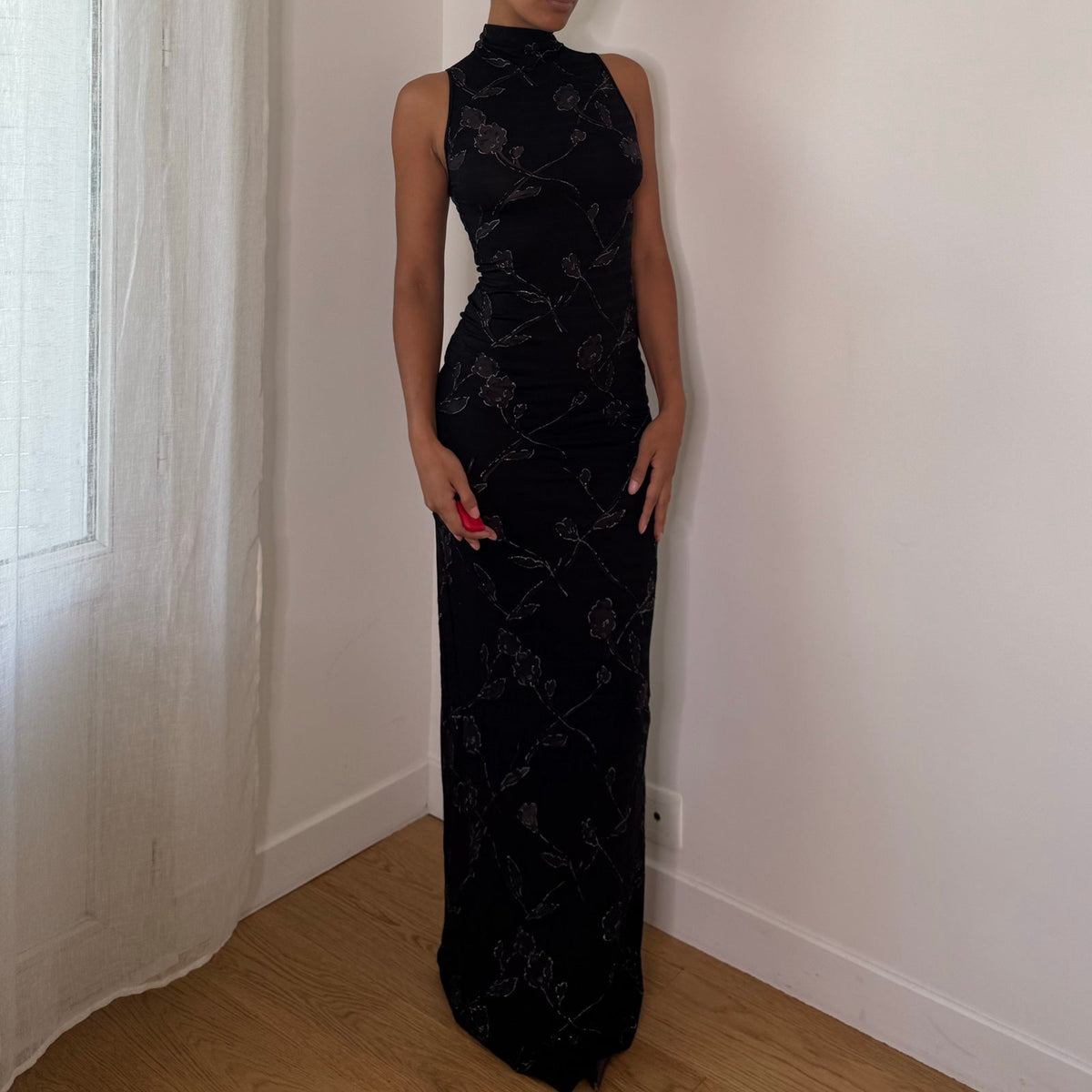Italian vintage black floral print slinky maxi dress with high neck, open back & back slit