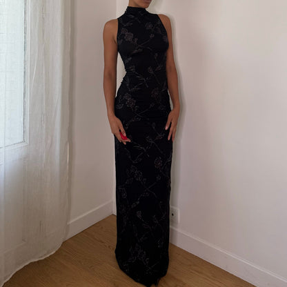 Italian vintage black floral print slinky maxi dress with high neck, open back & back slit